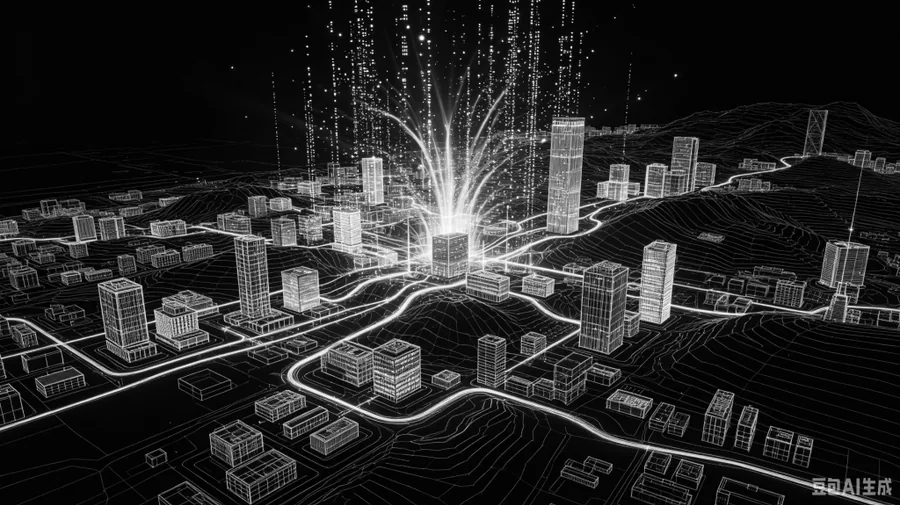 Wireframe city scene representing spatial datasets