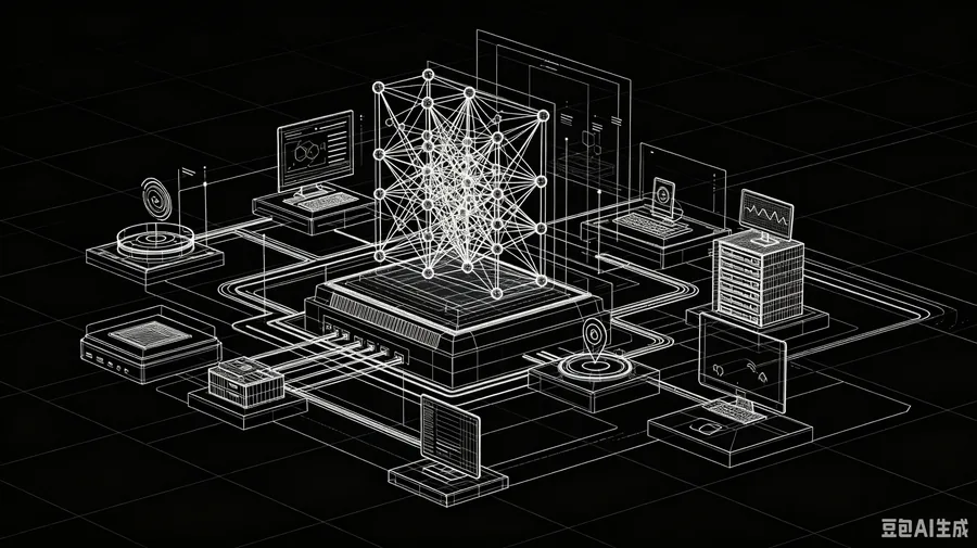 Wireframe spatial scene representing 3D data scale